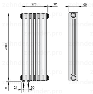 Схема (чертеж) Радиатор Zehnder Charleston 3280/6 №3370 Белый глянцевый RAL 9016